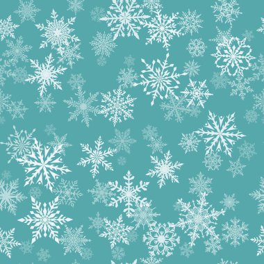 Turkuaz ve beyaz renklerde güzel, karmaşık kar tanelerinin kusursuz Noel deseni. Kar yağan kış arkaplanı