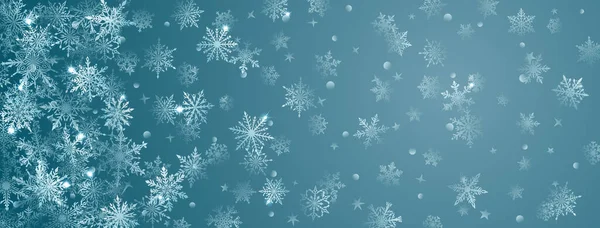 Boże Narodzenie Tło Piękne Złożone Duże Małe Płatki Śniegu Jasnoniebieskich — Wektor stockowy