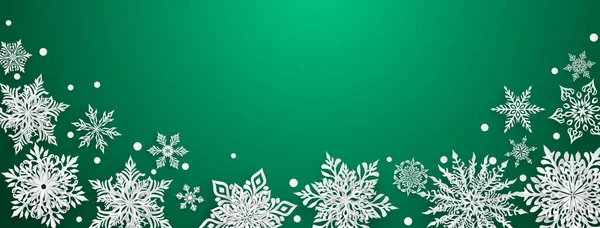 Weihnachten Illustration Mit Schönen Komplexen Papier Schneeflocken Weiß Auf Grünem — Stockvektor
