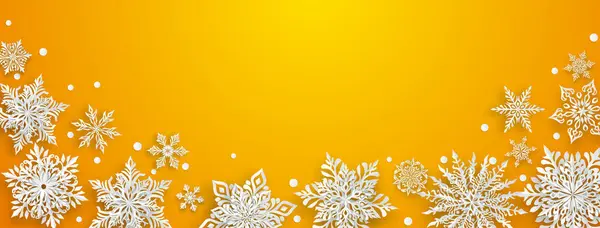 Рождественская Иллюстрация Красивыми Сложными Бумажными Снежинками Белый Желтом Фоне — стоковый вектор