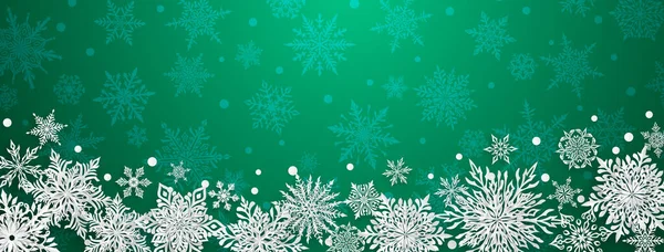 圣诞插图 精美的复杂的纸雪花 绿色背景的白色 — 图库矢量图片