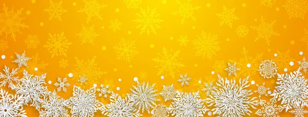 Karácsonyi Illusztráció Gyönyörű Komplex Papír Hópelyhek Fehér Sárga Háttér — Stock Vector