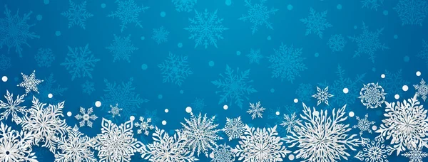 美しい複雑な紙の雪片 青い背景に白のクリスマスイラスト — ストックベクタ