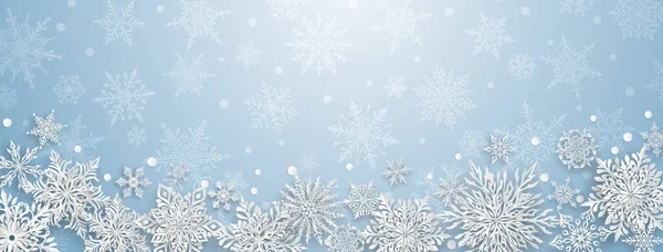 圣诞插图 精美而复杂的纸雪花 浅蓝色背景的白色 — 图库矢量图片
