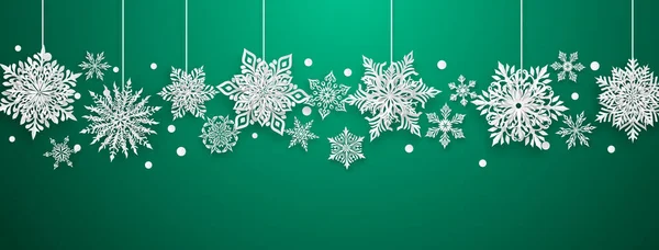 Karácsonyi Illusztráció Gyönyörű Komplex Papír Hópelyhek Fehér Zöld Háttér — Stock Vector