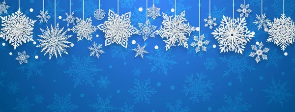 Рождественская Иллюстрация Красивыми Сложными Бумажными Снежинками Белый Синем Фоне — стоковый вектор