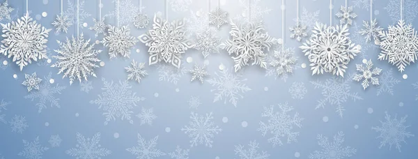 Ilustracja Bożego Narodzenia Pięknym Złożonym Papierem Płatki Śniegu Biały Jasnoniebieskim — Wektor stockowy