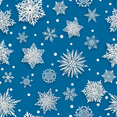 Karmaşık kar taneleri ve mavi arka planda beyaz Noel deseni.