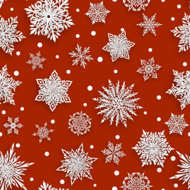 Karmaşık kar taneleri ve kırmızı arka planda beyaz Noel deseni.