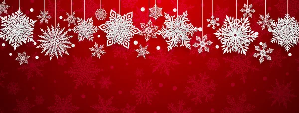 Vánoční Ilustrace Krásným Komplexním Papírem Sněhové Vločky Bílá Červeném Pozadí — Stockový vektor