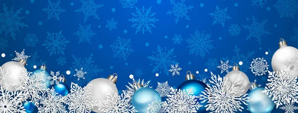 Рождественская Иллюстрация Красивой Сложной Белой Бумагой Снежинки Цветные Шарики Синем — стоковый вектор