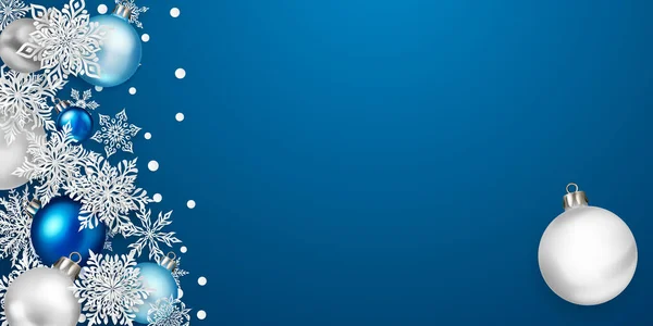Karácsonyi Illusztráció Gyönyörű Komplex Fehér Papír Hópelyhek Színes Golyók Kék — Stock Vector