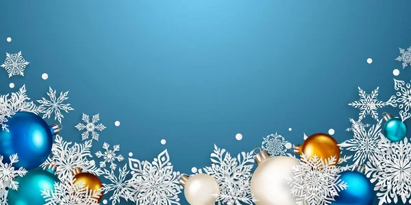 Рождественская Иллюстрация Красивой Сложной Белой Бумагой Снежинки Цветные Шарики Светло — стоковый вектор