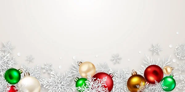 Kerst Illustratie Met Mooie Complexe Wit Papier Sneeuwvlokken Gekleurde Ballen — Stockvector
