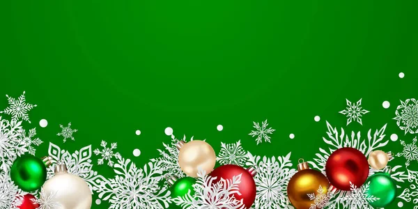 Різдвяна Ілюстрація Красивими Складними Білими Паперовими Сніжинками Кольоровими Кульками Зеленому — стоковий вектор