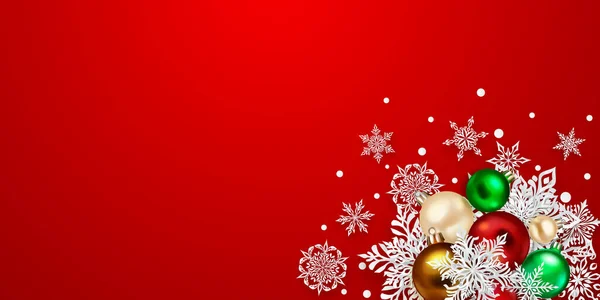Рождественская Иллюстрация Сложными Белыми Снежинками Цветными Шариками Красном Фоне — стоковый вектор