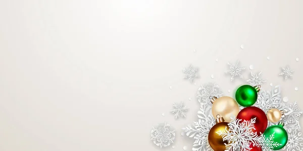 Karácsonyi Illusztráció Gyönyörű Komplex Fehér Papír Hópelyhek Színes Golyók Fény — Stock Vector
