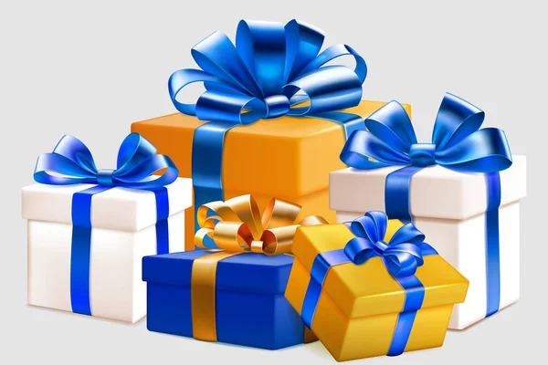 Εορταστική Απεικόνιση Διάφορα Χρωματιστά Κουτιά Δώρου Κορδέλες Και Τόξα — Διανυσματικό Αρχείο