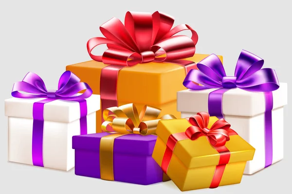 Εορταστική Απεικόνιση Διάφορα Χρωματιστά Κουτιά Δώρου Κορδέλες Και Τόξα — Διανυσματικό Αρχείο