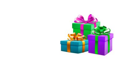 Beyaz arka planda kurdeleli ve fiyonklu üç renkli hediye kutusuyla şenlikli illüstrasyon