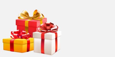 Beyaz arka planda kurdeleli ve fiyonklu üç renkli hediye kutusuyla şenlikli illüstrasyon