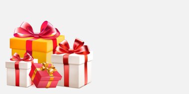 Beyaz arka planda kurdeleli ve fiyonklu çeşitli renkli hediye kutularıyla şenlikli illüstrasyon