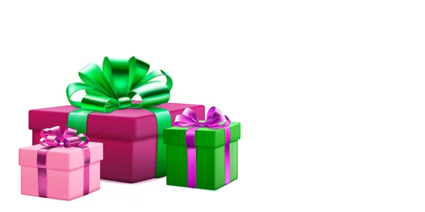 Праздничная Иллюстрация Тремя Цветными Подарочными Коробками Лентами Бантами Белом Фоне — стоковый вектор