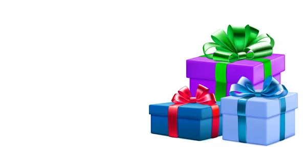Εορταστική Απεικόνιση Τρία Χρωματιστά Κουτιά Δώρου Κορδέλες Και Φιόγκους Λευκό — Διανυσματικό Αρχείο