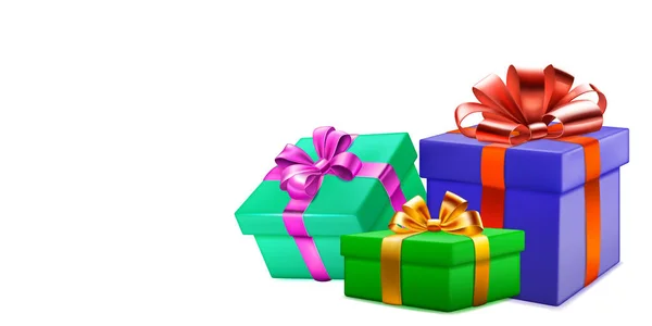 Εορταστική Απεικόνιση Τρία Χρωματιστά Κουτιά Δώρου Κορδέλες Και Φιόγκους Λευκό — Διανυσματικό Αρχείο