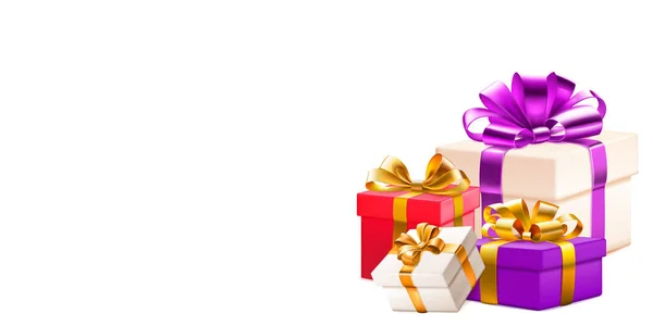 Праздничная Иллюстрация Несколькими Цветными Подарочными Коробками Лентами Бантами Белом Фоне — стоковый вектор