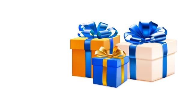 三只色彩斑斓的礼品盒 白色背景上有彩带和蝴蝶结的节日图解 — 图库矢量图片