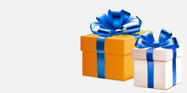Εορταστική Απεικόνιση Δύο Χρωματιστά Κουτιά Δώρου Κορδέλες Και Φιόγκους Λευκό — Διανυσματικό Αρχείο