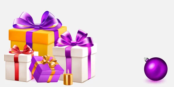 节日图片说明 附有彩带和蝴蝶结的彩色礼品盒 几支燃烧的蜡烛和白色背景的圣诞球 — 图库矢量图片