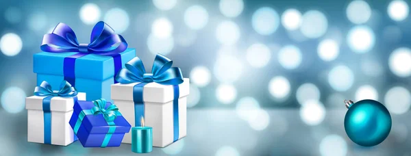 Feiertagsillustration Mit Mehreren Farbigen Geschenkboxen Mit Schleifen Und Schleifen Brennenden — Stockvektor