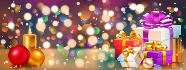Feiertagsillustration Mit Mehreren Farbigen Geschenkboxen Mit Schleifen Und Schleifen Brennenden — Stockvektor