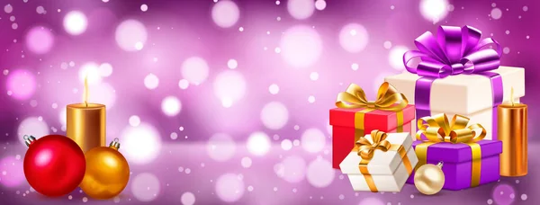 リボンと弓が付いているいくつかの着色されたギフト用の箱が付いている休日のイラスト 紫色の色のボケ効果が付いているぼやけた背景のろうそくおよびクリスマスの球を燃やします — ストックベクタ