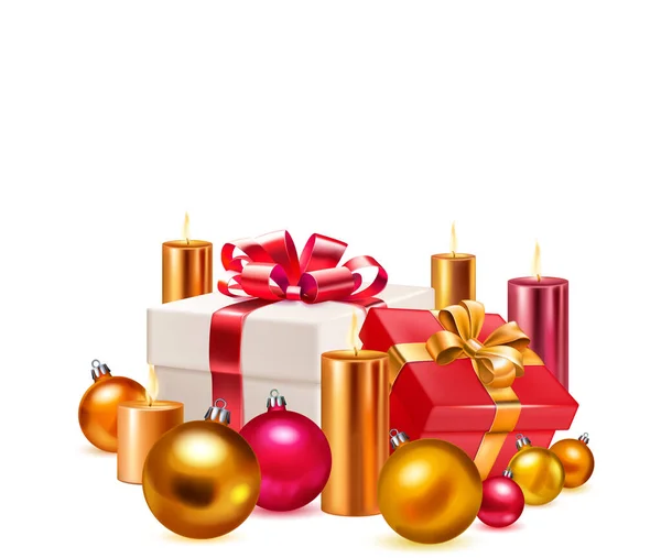 リボンと弓の2色のギフトボックスとホワイトバックグラウンドのいくつかの燃えるキャンドルとクリスマスボールとの休日のイラスト — ストックベクタ