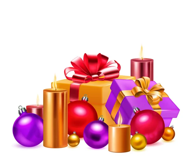 Праздничная Иллюстрация Двумя Цветными Подарочными Коробками Лентами Бантами Несколькими Горящими — стоковый вектор