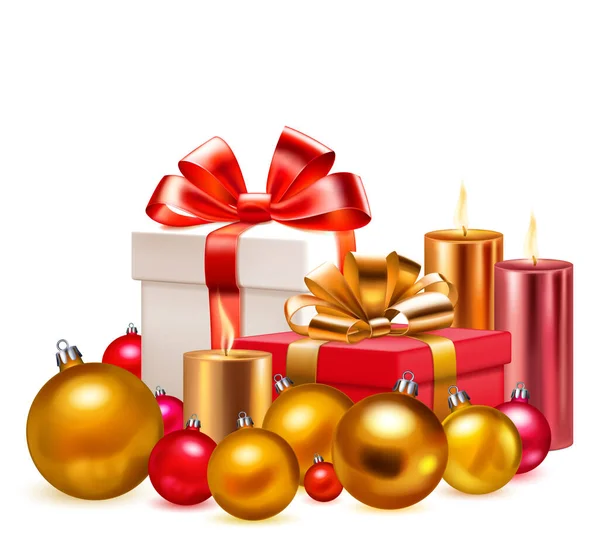リボンと弓の2色のギフトボックスとホワイトバックグラウンドのいくつかの燃えるキャンドルとクリスマスボールとの休日のイラスト — ストックベクタ