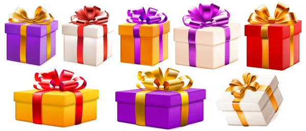 Set Von Farbigen Geschenkboxen Mit Schleifen Und Bändern Mit Weichen — Stockvektor