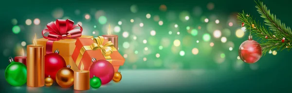 节日插画 有礼品盒 彩带和蝴蝶结 几支燃烧的蜡烛 圣诞树树枝和模糊的背景上的球 具有绿色的Bokeh效果 — 图库矢量图片