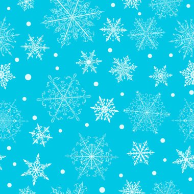 Açık mavi arka planda güzel, kompleks, beyaz kar tanelerinin kusursuz Noel deseni. Yağan karlı kış illüstrasyonu