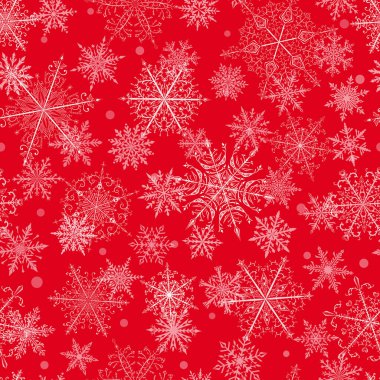Kırmızı zemin üzerinde beyaz kar taneleri olan kusursuz bir Noel deseni. Yağan karlı kış illüstrasyonu