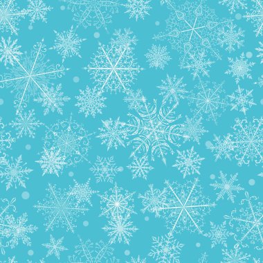 Açık mavi arka planda güzel, kompleks, beyaz kar tanelerinin kusursuz Noel deseni. Yağan karlı kış illüstrasyonu