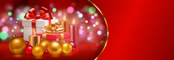 Holiday Illustration Gift Boxes Ribbons Bow Several Burning Candles Christmas — Stock Vector