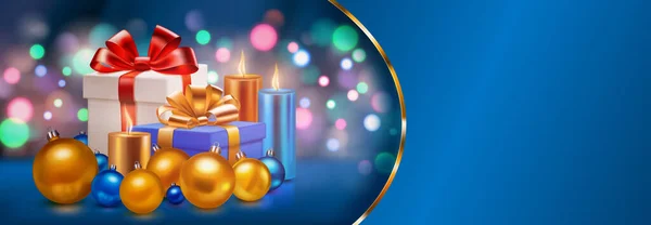 Holiday Illustration Gift Boxes Ribbons Bow Several Burning Candles Christmas — Stock Vector