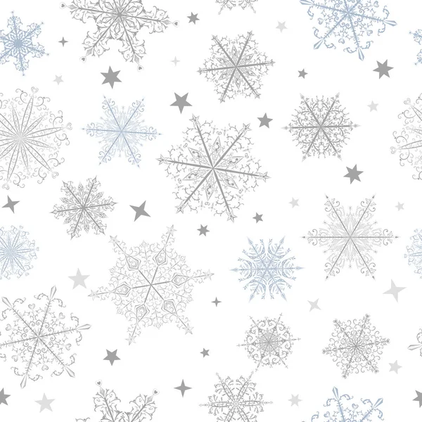 Рождественский Бесшовный Узор Красивых Сложных Серых Снежинок Белом Фоне Зимняя — стоковый вектор