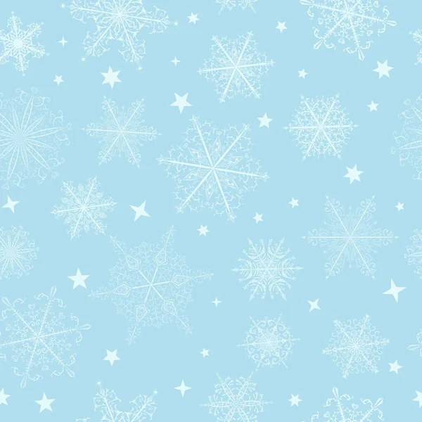 Vánoční Bezešvé Vzor Krásné Komplexní Bílé Sněhové Vločky Světle Modrém — Stockový vektor