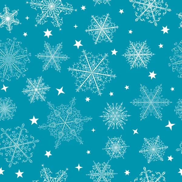 Boże Narodzenie Bezproblemowy Wzór Piękny Kompleks Białe Płatki Śniegu Jasnoniebieskim — Wektor stockowy