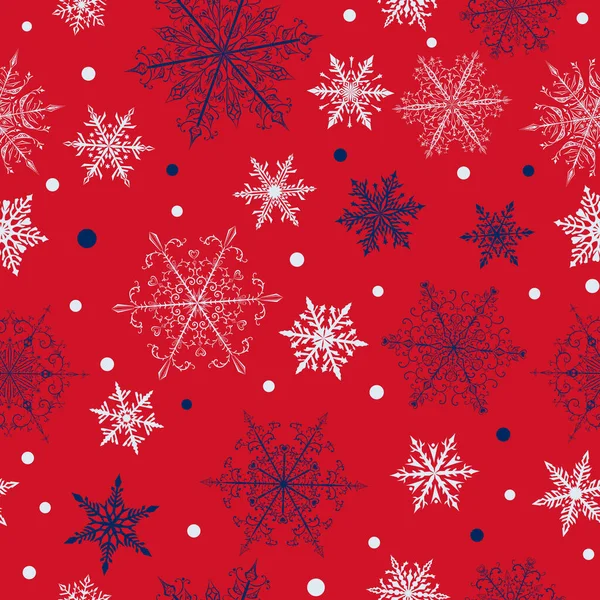 Vánoční Bezešvé Vzor Krásné Komplexní Modré Bílé Sněhové Vločky Červeném — Stockový vektor
